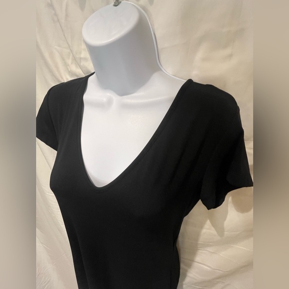 Emma Black Midi Dress Jersey Stretch Vneck Pull on basic sheath cap short sleeve - Picture 2 of 5